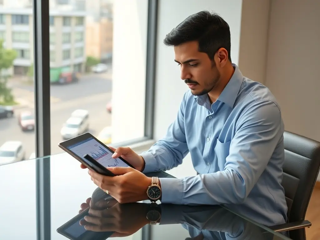 A focused financial planner creating a detailed financial roadmap on a digital tablet, illustrating Skyline Nest's dedication to clear and effective financial planning in Mexico.