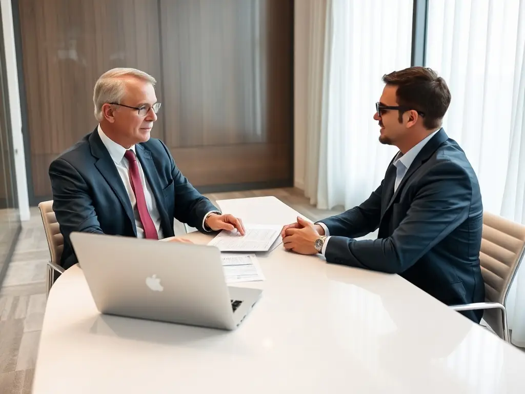 An image depicting a personalized financial consultation session in a modern office setting, with a focus on client-advisor interaction and tailored financial documents.