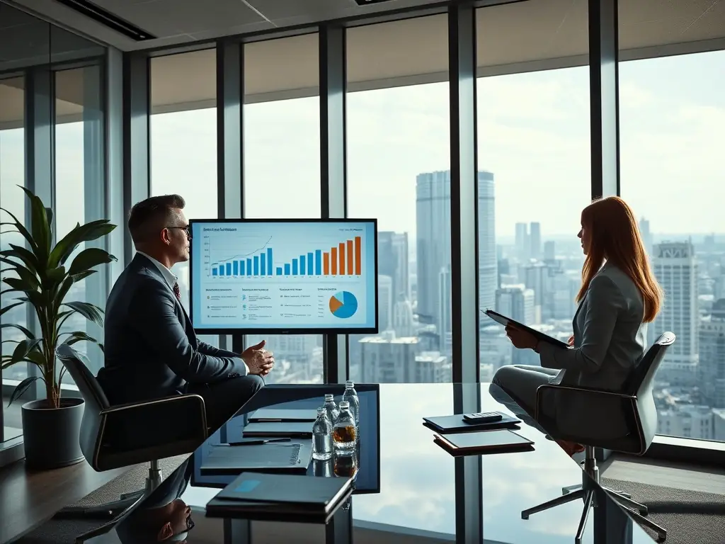 An image of a financial advisor analyzing investment charts with a Mexican city skyline in the background, representing Skyline Nest's investment strategies.