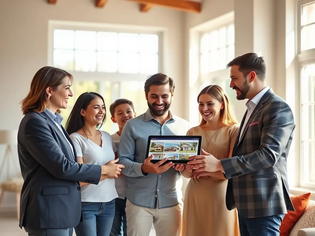 An elegant depiction of a family discussing financial plans with a Skyline Nest consultant, emphasizing the importance of wealth management for future generations in Mexico.