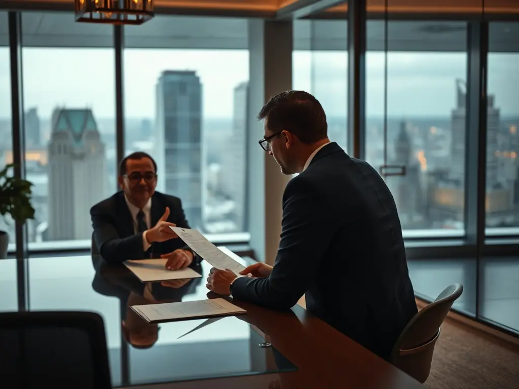 A professional meeting between a financial advisor and a client reviewing financial documents with a view of Mexico City, illustrating Skyline Nest's wealth management services.