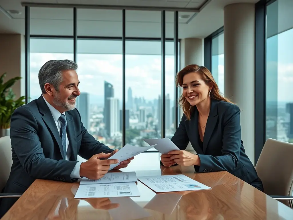A professional advisor in a modern office setting, reviewing investment portfolios with a client, showcasing Skyline Nest's commitment to personalized investment strategies in Mexico.