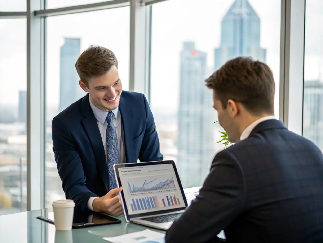 A financial planner discussing plans with a young professional in a modern office setting in Mexico, showcasing Skyline Nest's financial planning services.